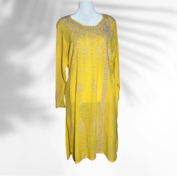 Yellow Embroidered Tissue Kurti – Lightweight Floral Tunic – Size M – 37” Length - Picture 1 of 6